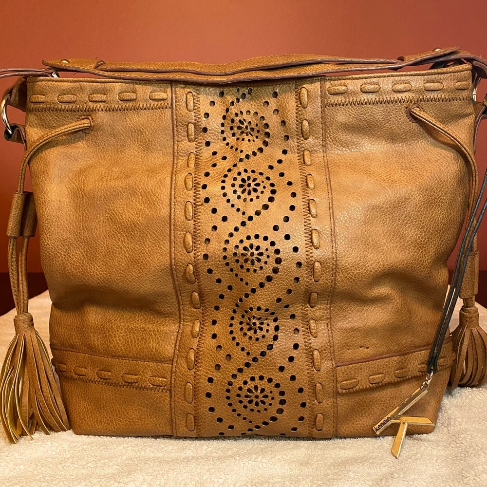 Kensie rich brown rust boho punch tassel bag purse